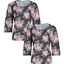 Asn Concept Kadın Çiçek Desenli Antrasit Renk Pijama Üstü 2'li Paket (Büyük Beden Seçeneğiyle)