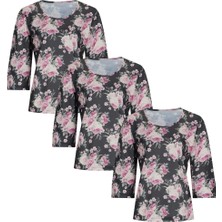 Asn Concept Kadın Çiçek Desenli Antrasit Renk Pijama Üstü 3'li Paket (Büyük Beden Seçeneğiyle)