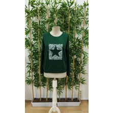 Nidam Butik Kadın Uzun Kollu Bisiklet Yaka Desenli Viskon Iki Iplik Bluz
