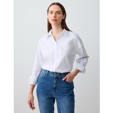 Jimmy Key Beyaz Rahat Kesim Uzun Kollu Dokuma Poplin Gömlek