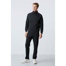 Tommy Life Siyah-Siyah Erkek Dik Yaka Çift Renk Slim Fit Klasik Paça Eşofman Takımı-85113