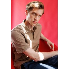 Desen Triko Erkek Polo Yaka T-Shirt Taba