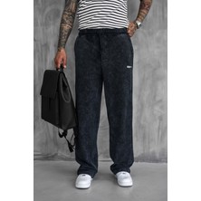 Erkek Baskılı Yıkamalı Baggy Fit Eşofman Siyah