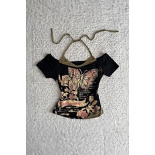 Kara Kedi Siyah Butterfly Madonna Yaka Ek Askılı Y2K Kısa Kollu Full Body Crop