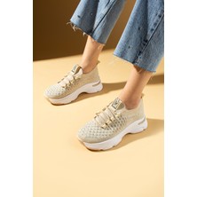 Pembe Potin Parlak Taş Detaylı Bağcıklı Triko Rahat Taban Kadın Sneakers 36-872-25