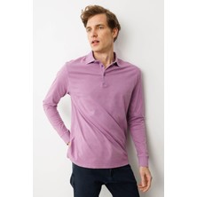 Erkek Polo Yaka Uzun Kollu Sweatshirt Lila