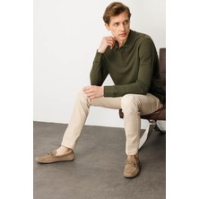 Erkek Polo Yaka Sweatshirt Haki