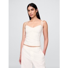 Kadın Beyaz Keten Karışımı Bağcıklı Cami Bluz