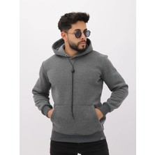 Kırmızı Şardonlu Içi Polarlı Casual Erkek Kapüşonlu Sweatshirt