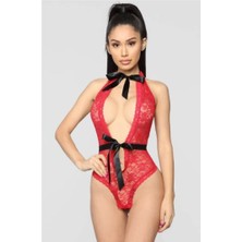 Seduce Textile Dantelli Kırmızı Derin Dekolteli  Lingerie Body Gecelik