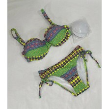 Kadın Yeşil Çok Renkli Etnik Desen Atarlı Bikini Takımı HZL25S-LC8004