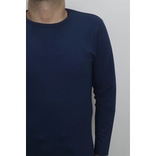 Santa Fistan Store Erkek Indigo Düz Spor Kesim Normal Kalıp Bisiklet Yaka Uzun Kollu Body