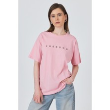 Pembe Yazı Baskılı Pamuklu Oversize Tişört 2150-3M