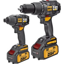 Cat DX12K.2 18VOLT/4.0AH Li-Ion Çift Akülü Kömürsüz Profesyonel Şarjlı Darbeli Matkap + DX71.2 Kömürsüz Darbeli Tornavida Kombo Set