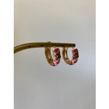 Pembe Mineli Çiçek Desen Halka Küpe