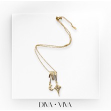 Diva Viva - Çelik Gold Ay ve Yıldız Sallantılı Kadın - Lunastar Kolye