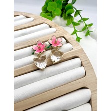 Pembe Mini Çiçekli Kalp Taşlı Çelik Küpe