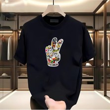 Renkli El Baskılı Siyah Tshirt