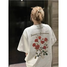 Shoprise Kadın Çiçekli Baskılı Beyaz Oversize Kısa Kollu TShirt Günlük Stil Örme Kumaş