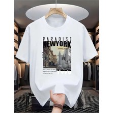 Unisex Paradise New York Baskılı Pamuklu Bisiklet Yaka Kısa Kollu %100 Pamuk Oversize A++ T-Shirt