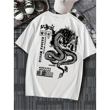 Büyük Beden Unisex Tokyo Ejder Baskılı %100 Pamuklu  Bisiklet Yaka Kısa Kollu A++ Oversize Tshirt