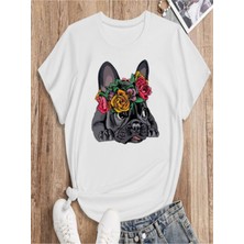 Unisex Baskılı Pamuk Beyaz Bisiklet Yaka Oversize Boyfriend t-Shirt