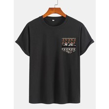 Etnik Desen Baskılı Pamuklu Bisiklet Yaka Kısa Kollu %100 Pamuk Oversize A++ T-Shirt