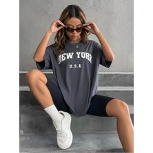 Unisex Yazlık Gri New York Baskılı T-Shirt