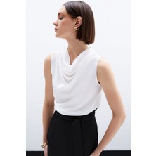 Sateen Degaje Yaka Şifon Bluz - Ekru