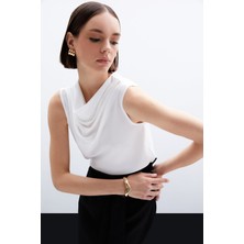 Sateen Degaje Yaka Şifon Bluz - Ekru