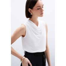 Sateen Degaje Yaka Şifon Bluz - Ekru