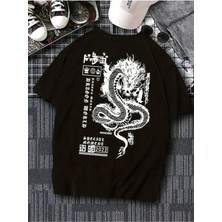 Büyük Beden Unisex Tokyo Ejder Baskılı %100 Pamuklu  Bisiklet Yaka Kısa Kollu A++ Oversize Tshirt