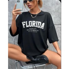 Unisex Yazlık Siyah Florıda Baskılı T-Shirt