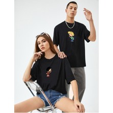 Siyah Unisex Ikili Cedric Chen Baskılı Oversize T-Shirt