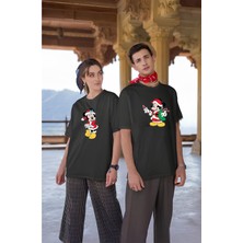 2'li Sevgili Kombini Mickey Mouse Yılbaşı Baskılı Siyah Oversize Unisex Tshirt