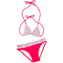 Rukomayo Pembe Çiçek Desenli Boyundan Bağlamalı Üçgen Çocuk Bikini