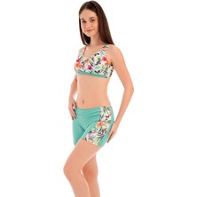 Ruko Mayo Rukomayo Yeşil Çiçek Desenli Omuzdan Askılı Freeset Model Şortlu Lycra Kumaş Bikini