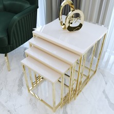 Duru 4'lü Kare Zigon Sehpa Seti Gold Ayak, Krem Mdf