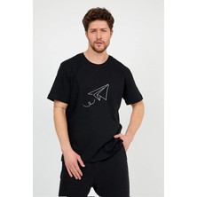 Erkek Siyah Önü Uçak Baskılı Bisiklet Yaka Oversize Pamuklu T-Shirt