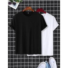 Düz Basic 2'li Çoklu Kombin T-Shirt-Siyah Beyaz Oversize Bisiklet Yaka