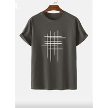 Antrasit Çizgi Baskılı Oversize Bisiklet Yaka T-Shirt