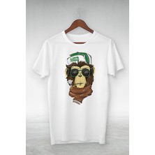 Beyaz - Weed Yeşil Şapkalı Atkılı Goril Çizim - Vip Tasarım Tshirt