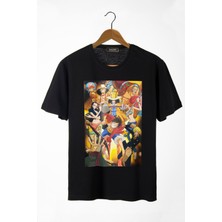 Unisex Siyah Önü Anime Baskılı Oversize Pamuklu T-Shirt
