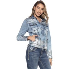 WJ174 Kadın Taş Işlemeli Kot Ceket