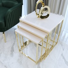 Duru 3'lü Kare Zigon Sehpa Seti Gold Ayak, Krem Mdf