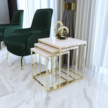 Duru 3'lü Kare Zigon Sehpa Seti Gold Ayak, Krem Mdf