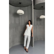 Gökyüzü Moda Jakar Kumaş Yelek - Pantolon Takım - Beyaz