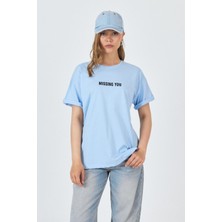 Mavi Yazı Baskılı Pamuklu Oversize Tişört 2150-6M