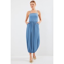 Gökyüzü Moda 2492 Askılı Örme Salopet Elbise - Indigo