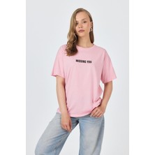 Pembe Yazı Baskılı Pamuklu Oversize Tişört 2150-6M